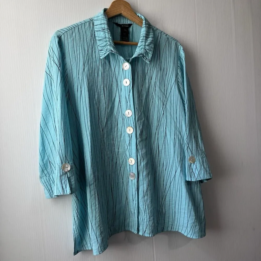 Ali Miles PXL Women’s Turquoise Abstract Stripe Button Front 3/4 Sleeve Blouse